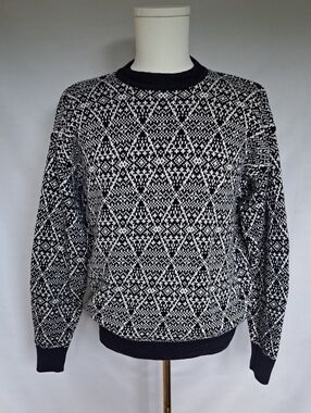 VTG Stone Haven Navy Geometric Crewneck Sweater Cozy Indie Eclectic Grandpa L
